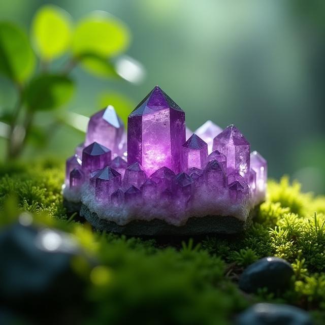 Close up of vibrant amethyst clusters nestled in green moss