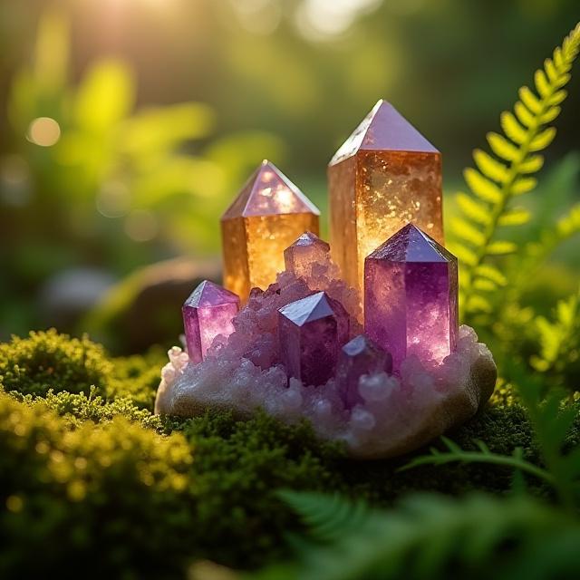 Artistic installation of raw amethyst crystals in a garden bed