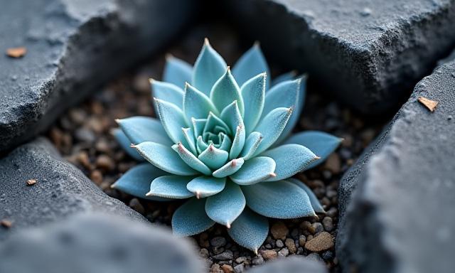 A rare silver-leafed succulent growing between slate rocks