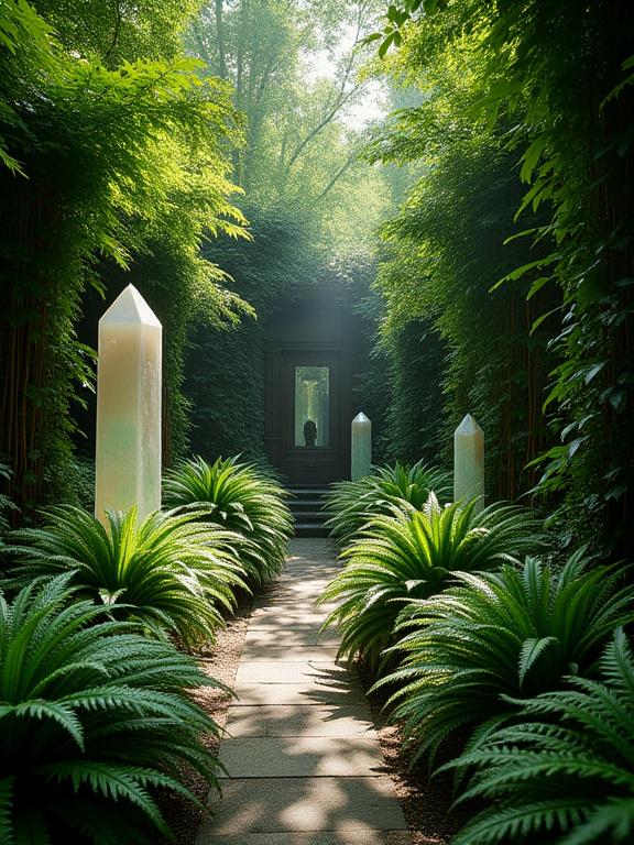 A lush garden featuring large crystalline focal points on Gates Avenue